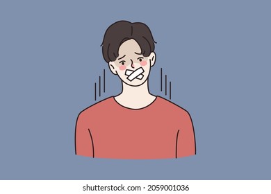 Portrait of young man with scotch tape on mouth prohibited to talk speak. Businessman with sealed lips with plasters. Boycott, censorship, speech freedom. Flat vector illustration, cartoon character. 