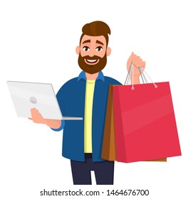 Portrait of young man showing shopping bags. Person holding a laptop computer in hand. Male character illustration. Modern lifestyle, digital technology, new purchase, latest trend in cartoon.