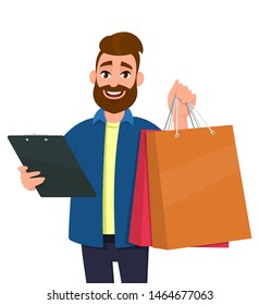 Portrait of young man showing shopping bags. Person holding a clipboard in hand. Male character illustration. Modern lifestyle, digital technology, new purchase, latest trend concept in cartoon.