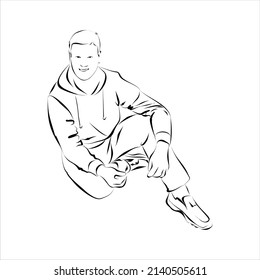 Portrait of a young man sitting, enjoying life. This is a European, fair-haired. He talks and smiles. Vector graphics for social networks, for printing on packaging, tags, labels.