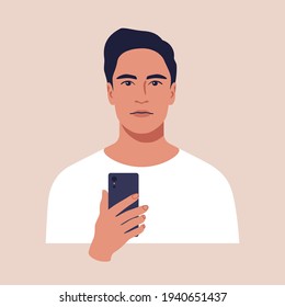 Portrait of a young man with smartphone. Vector illustration.