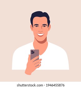 Portrait of a young man with smartphone. Vector illustration.