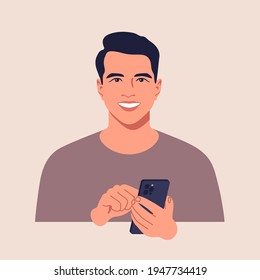 Portrait of a young man with smartphone. Vector illustration.
