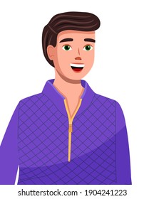 Portrait of young man smiling facial expression, cartoon vector character with green eyes dressed in a lilac sweater. Handsome guy cute smiles on white. Male talking about a fun interesting event