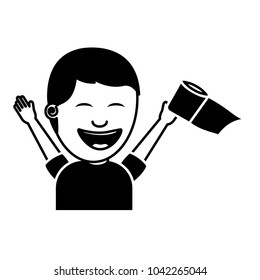 portrait young man smiling raised hand toilet paper