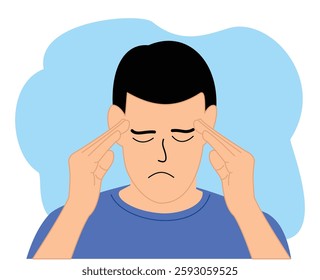 portrait of young man suffering from severe headache pressing fingers to temples with closed eyes. A young man holds his head due to illness or stress