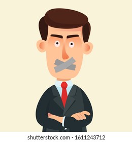 Portrait of young man with taped mouth. Boycott, censorship concept. Businessman with tape sealed mouth. Vector illustration flat design, cartoon style. Isolated background.