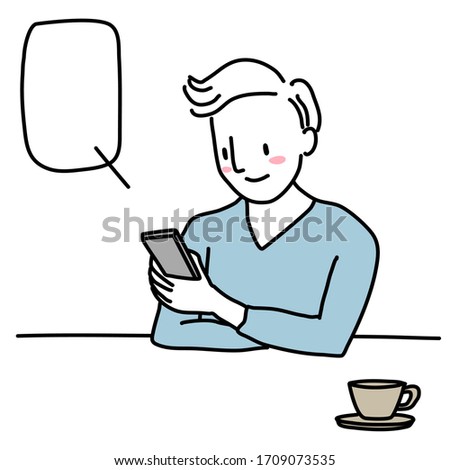 Portrait of young man texting on mobile phone. Happy man sitting at cafe and reading text message. Cute man using phone chatting online while sitting at coffee shop.
