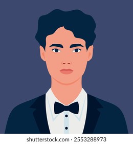 Retrato de un hombre joven en esmoquin y pajarita. Avatar para las redes sociales. Ilustración vectorial