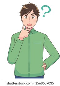 Portrait of young man upper body. He has doubts. Along with the question mark.