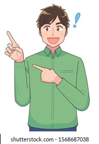 Portrait of young man upper body. He points to the side.