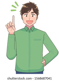 Portrait of young man upper body. He is showing her index finger.