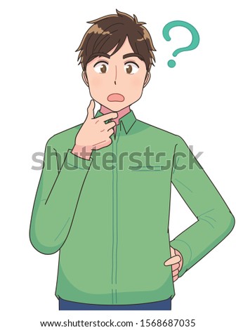 Portrait of young man upper body. He has doubts. Along with the question mark.