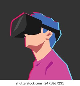 Porträt eines jungen Mannes mit Virtual-Reality-Headset. Konzept der modernen, futuristischen, Technologie. Geeignet für Avatar, Profil, Poster, Design Zweck. Flache Vektorillustration.