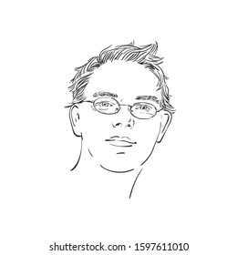 Portrait of young man wearing eyeglasses, with shaggy hair and with satisfied enlightened look, Hand drawn vector sketch