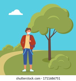 Portrait of young man wearing face medical mask with backpack in park. Viral pandemic, protection against infection of covid19. Coronavirus 2019-ncov flu. Respiratory protection from virus