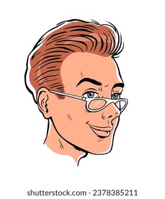 Portrait of a young man wearing glasses. Smile on the face. Modern, intelligent, handsome guy. Comic book hero. Vector art illustration isolated on white background. Sketch hand drawn line