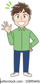 Portrait of a young man wearing a green shirt.He smiles and shows his palm here.