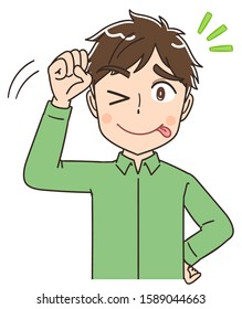 Portrait of a young man wearing a green shirt.He playfully laughs with his tongue out.