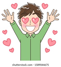 Portrait of a young man wearing a green shirt.He is delighted with the heart symbol.