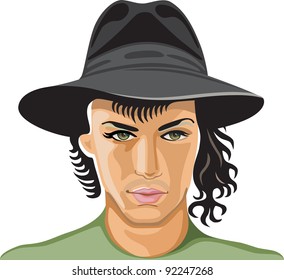 Portrait of young man wearing a hat isolated on white background (vector illustration)