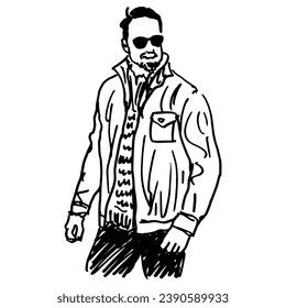 Portrait of a young man wearing jacket and sunglasses. Hand drawn linear rough sketch. Black and white silhouette. Isolated vector illustration.