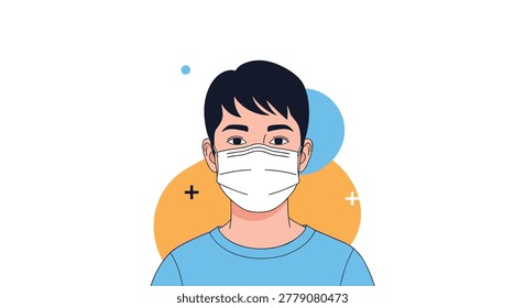 Portrait of a young man wearing a white medical face mask for protection against air pollution and viral infections like covid-19.