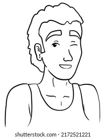 Portrait of young man winking and smiling at you, and wearing a tank top. Drawing in outlines for coloring activities.