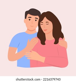 Portrait of young  man and woman, couple lovers, hugging, embracing with hand over shoulder. Love tenderness and romantic feelings concept. Valentine's day, love, date. Vector illustration