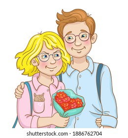 Portrait of young man and woman. A  guy and  girl couple are embracing in cartoon style. Isolated on white background. Vector illustration