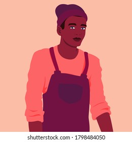 Retrato de un joven en una plataforma de trabajo. Ilustración vectorial colorida al estilo de dibujos animados planos.