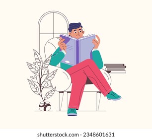 Portrait of young Middle Eastern man wearing eyeglasses holding paper book or diary, sitting on couch at home in living room, reading literature.Flat vector illustration