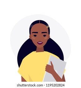 A portrait of young millennial character. African american girl holding a laptop. Flat editable vector illustration, clip art