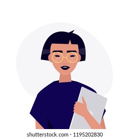A portrait of young millennial character. Asian girl holding a laptop. Flat editable vector illustration, clip art