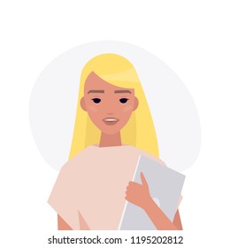A portrait of young millennial character. Blonde caucasian girl holding a laptop. Flat editable vector illustration, clip art