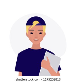 A portrait of young millennial character. Blonde caucasian man holding a laptop. Flat editable vector illustration, clip art