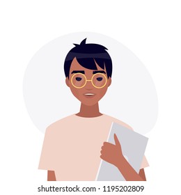 A portrait of young millennial character. Indian boy holding a laptop. Flat editable vector illustration, clip art