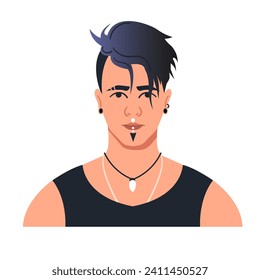 Portrait of a young modern man of informal appearance with brightly colored hair. An avatar of a male character with a fashionable hairstyle and piercings. Bright vector illustration in a flat style