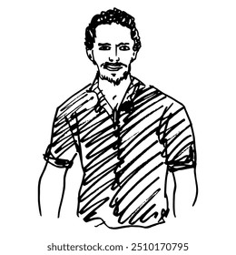 Portrait of a young modern man wearing short sleeve shirt. Fancy guy. Male portrait. Hand drawn doodle rough sketch. Black and white linear silhouette.