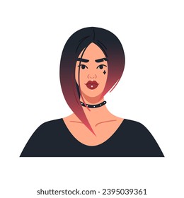 Portrait of a young modern woman with bright dyed hair. Avatar of a female character with a fashionable hairstyle and piercing. Bright vector illustration in a flat style