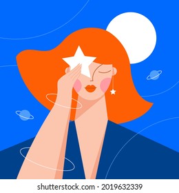 Portrait of a young modern woman with red hair holding a star with moon and planets in background. Concept of dreaming about possibilities. Cartoon girl colorful vector illustration.