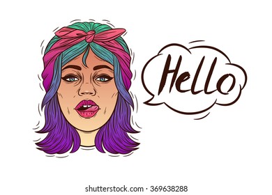 Portrait of young modern women. Vector girl's face. Fashionable girl in a hipster style.