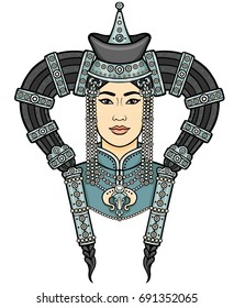 Portrait of the young Mongolian girl in a national headdress.  Vector illustration isolated on a white background. Print, posters, t-shirt, textiles.