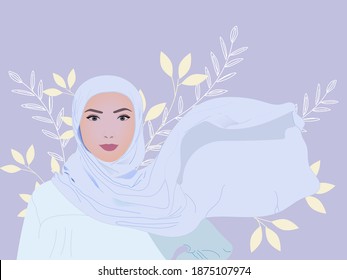 Portrait of young muslim woman wearing hijab head scarf. Closeup face of cheerful woman covered with headscarf smiling outdoor. Islamic girl on the flowers background.  