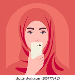 Portrait of a young muslim woman who looks into her smartphone. The psychological addiction on the phone, the Internet and social networks. Vector flat illustration