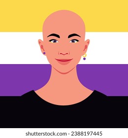 A portrait of a young nonbinary person. LGBTQIA. A pride flag. Vector flat illustration 