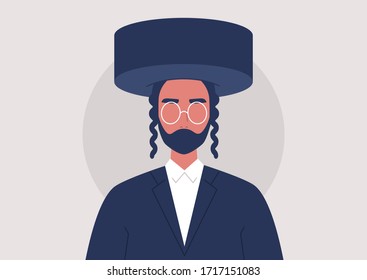 A portrait of a young orthodox jewish man wearing traditional hat and clothes