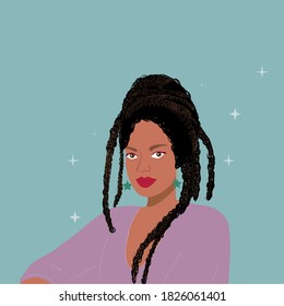 Portrait  of young pretty African woman with long dreds and stars earrings. Digital vector illustration for posters, printing on clothes, marketing.