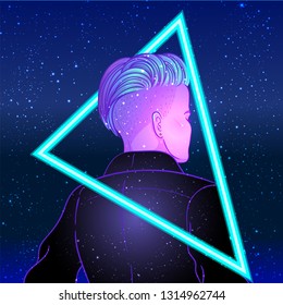 Portrait of a young pretty androgynous woman with short shaved pixie undercut in retro futurism style. Vector illustration in neon bright colors. Blue short hair. futuristic synth wave  flyer template