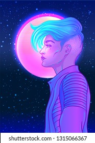 Portrait of a young pretty androgynous woman with short shaved pixie undercut in retro futurism style. Vector illustration in neon bright colors. Blue short hair. futuristic synth wave  flyer template